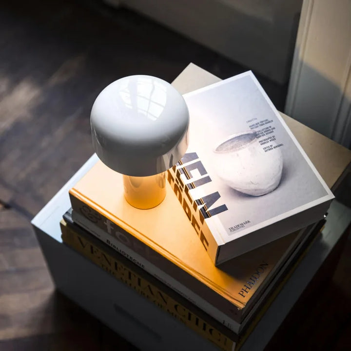 White mushroom-shaped lamp on a stack of coffee table books beside a window 21
