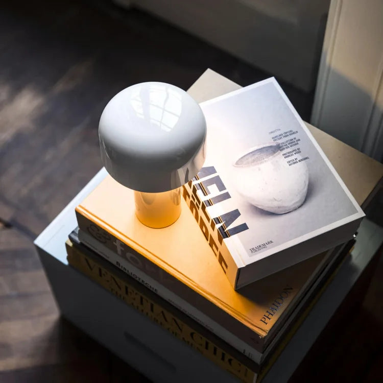 White mushroom-shaped lamp sitting on a stack of art books beside a window 21