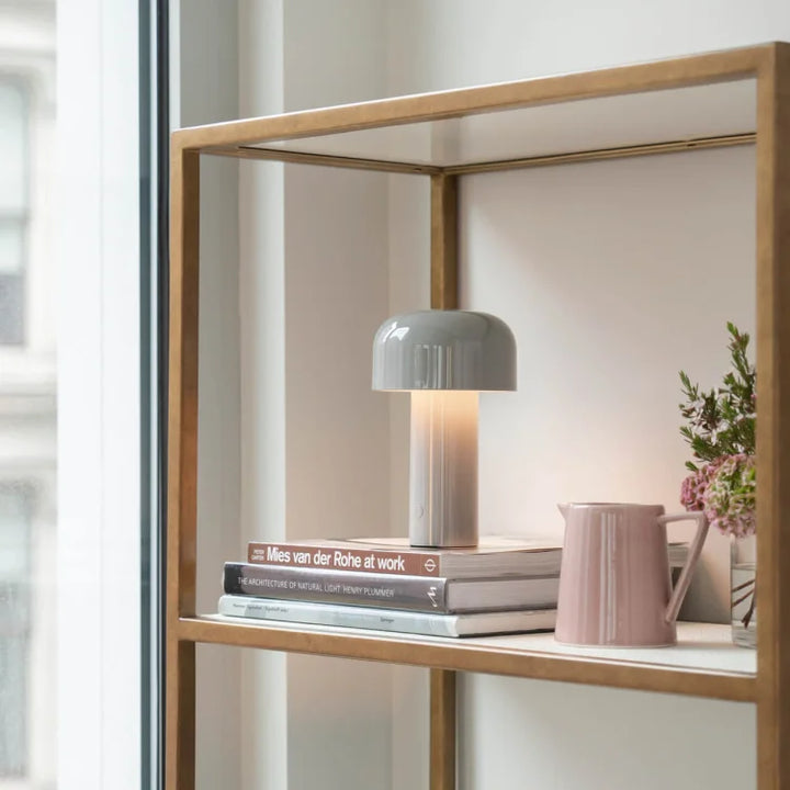Gray lamp on a shelf with stacked books, a pink pitcher and flowers 24
