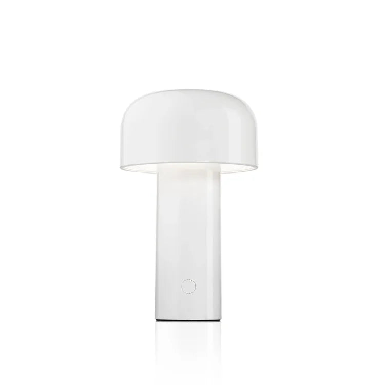 White glossy mushroom lamp on a plain white background, showing the round touch button 2