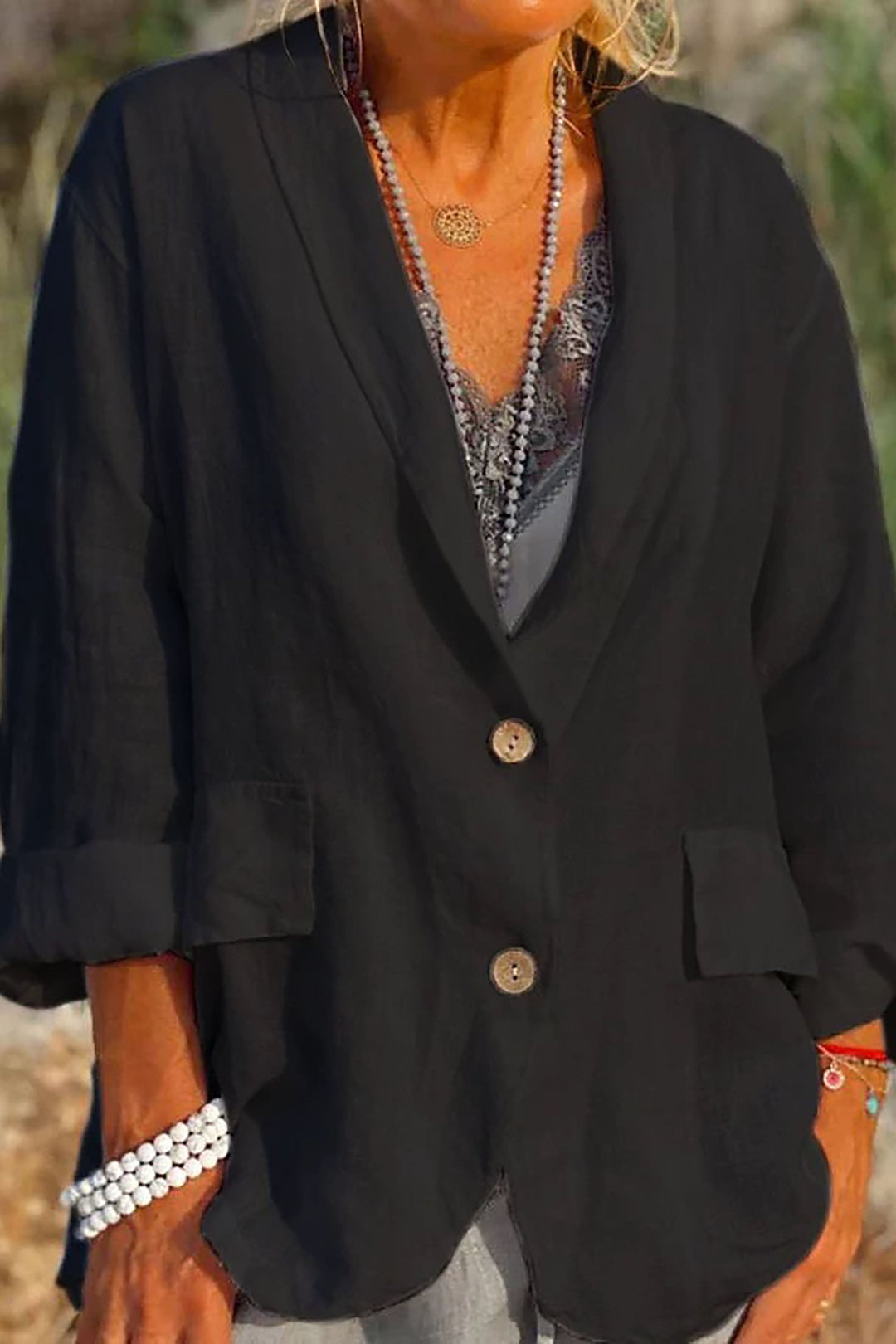 Light linen blazer for women with buttons – Clara-Black-S-Nora Luxe