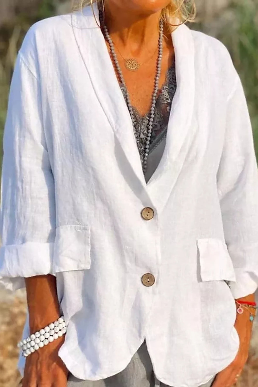 Light linen blazer for women with buttons – Clara-White-S-Nora Luxe