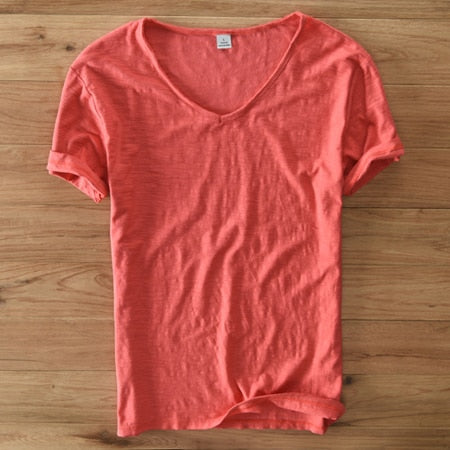 Light Linen V-Neck Shirt for Men – Breathable & Summery – Thilo-Red-M-Nora Luxe
