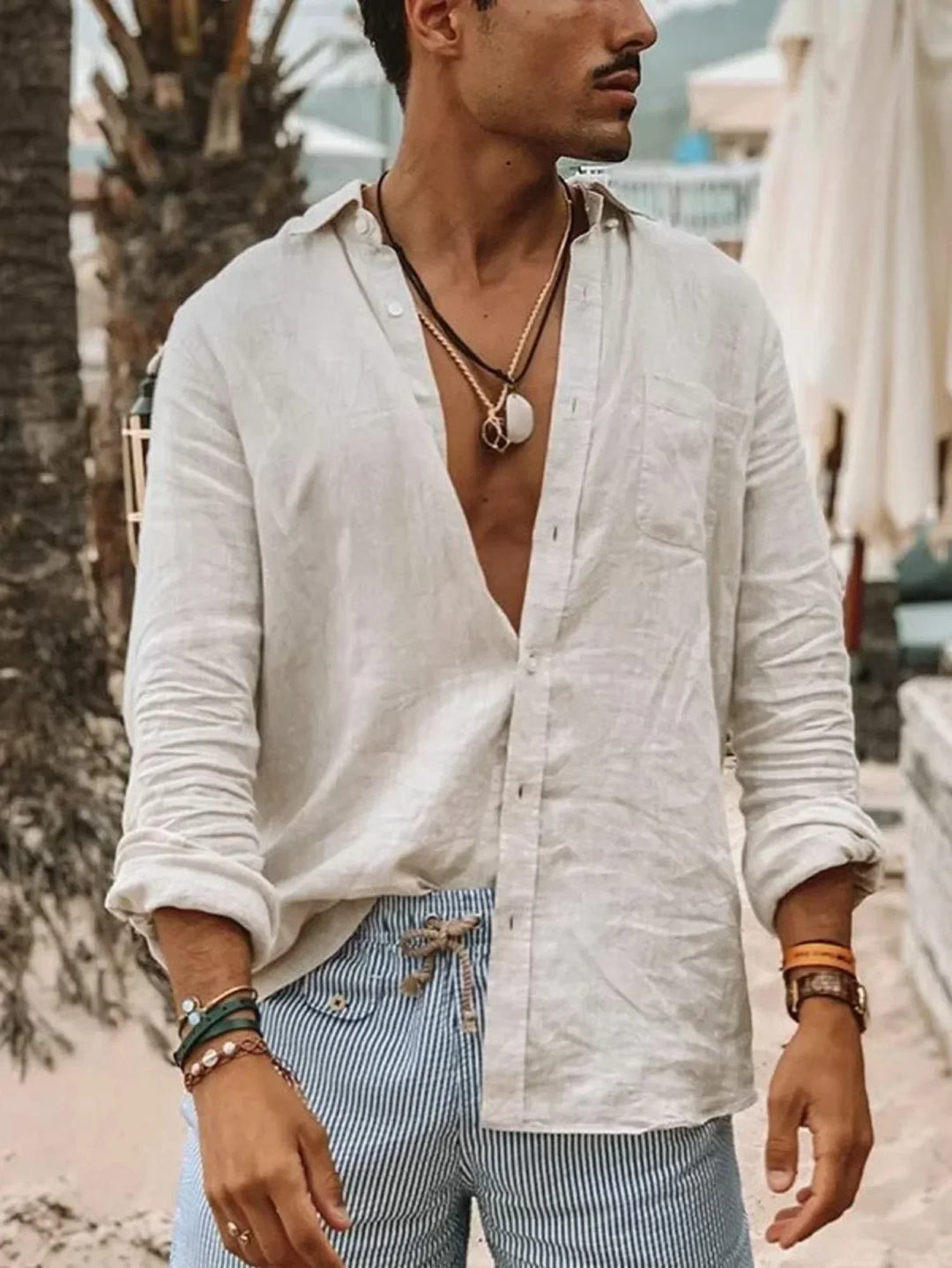 Light men's linen shirt with button placket – Fabio-White-S-Nora Luxe