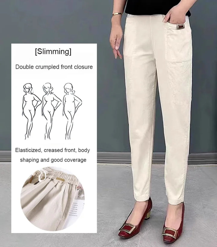 Light summer trousers made of cotton with stretch waistband – Linnea-Brick red-M-Nora Luxe