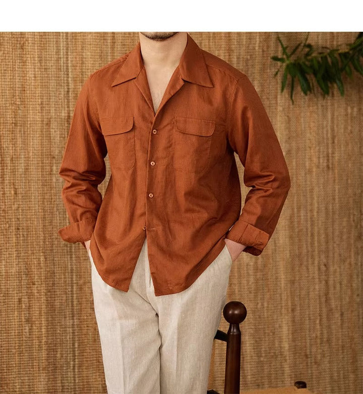 Lightweight men's shirt made of linen with Cuban collar and long sleeves – Mateo-Brown-S-Nora Luxe