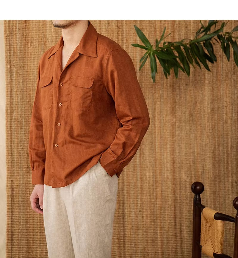 Lightweight men's shirt made of linen with Cuban collar and long sleeves – Mateo-Brown-S-Nora Luxe