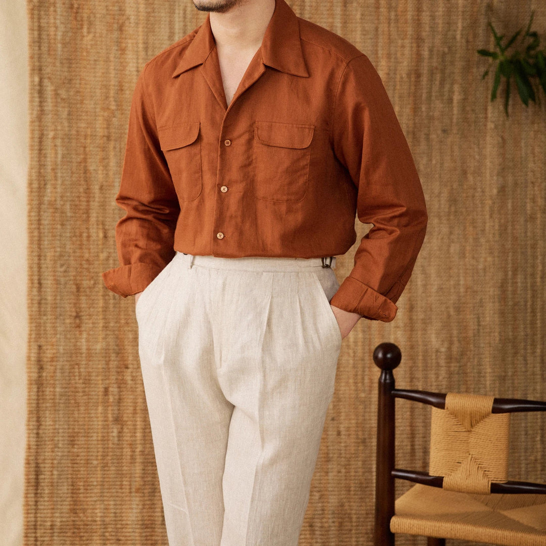 Lightweight men's shirt made of linen with Cuban collar and long sleeves – Mateo-Brown-S-Nora Luxe