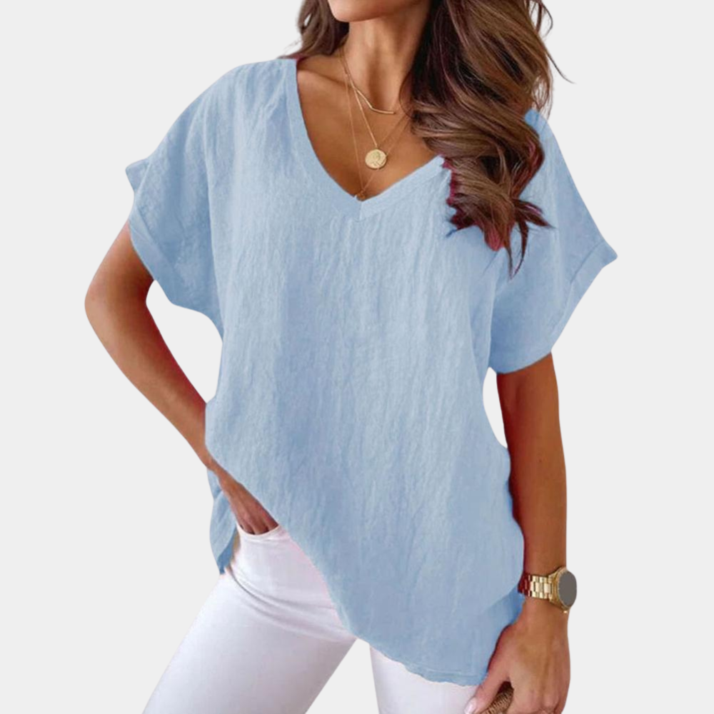 Lightweight V-neck linen blouse with a loose fit – Mailin-Blue-S-Nora Luxe
