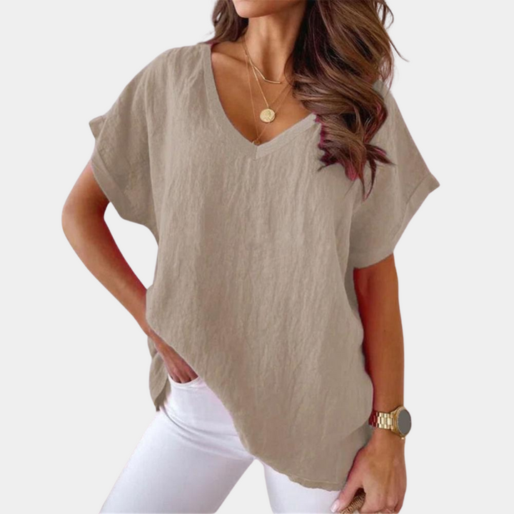 Lightweight V-neck linen blouse with a loose fit – Mailin-Khaki-S-Nora Luxe