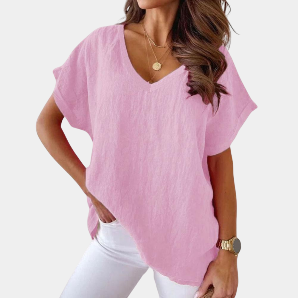 Lightweight V-neck linen blouse with a loose fit – Mailin-Light pink-S-Nora Luxe
