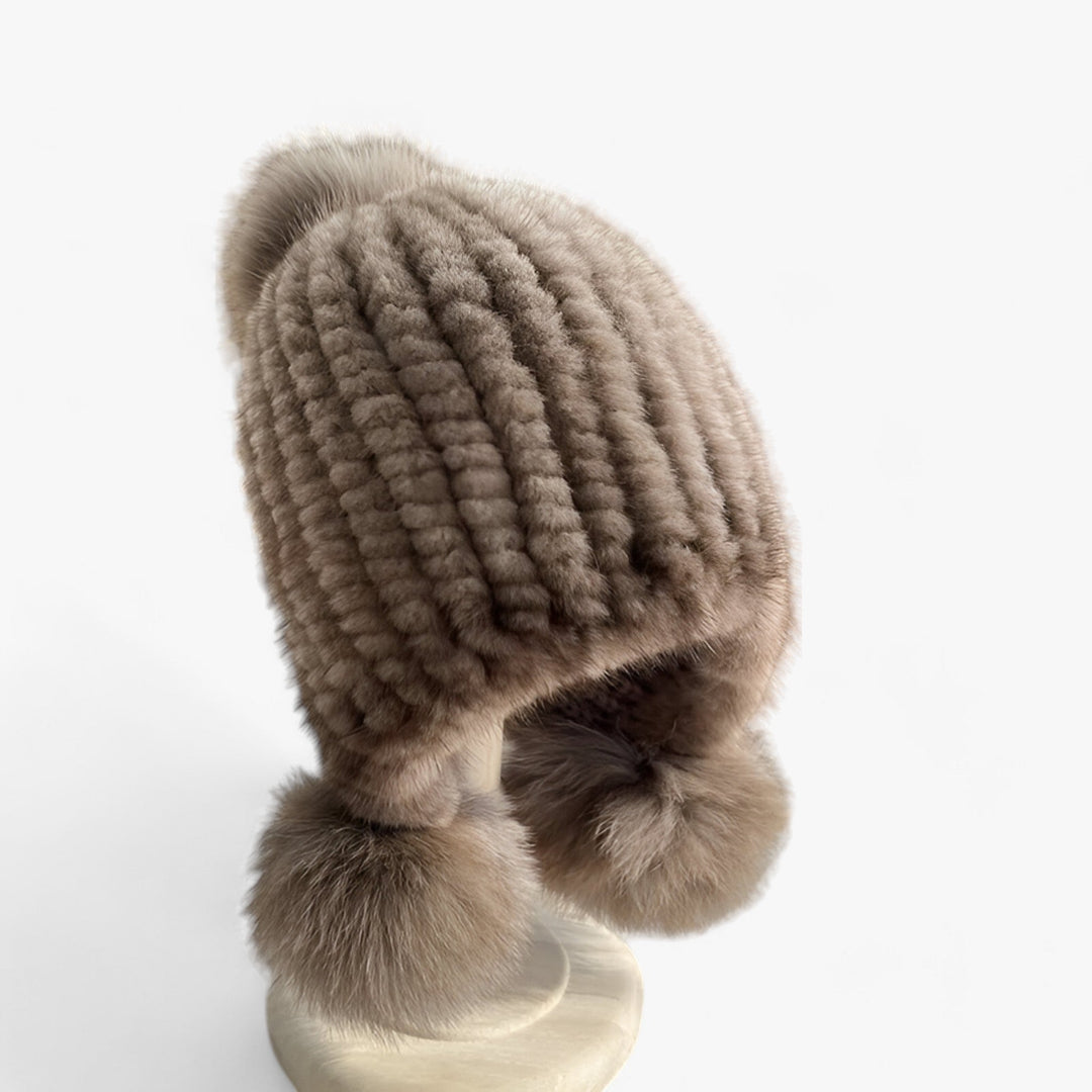 Luxury Fur Hat by Wezel with Fox Fur Pom Pom - Valeria-Light Chestnut Brown-Elastic band-Nora Luxe