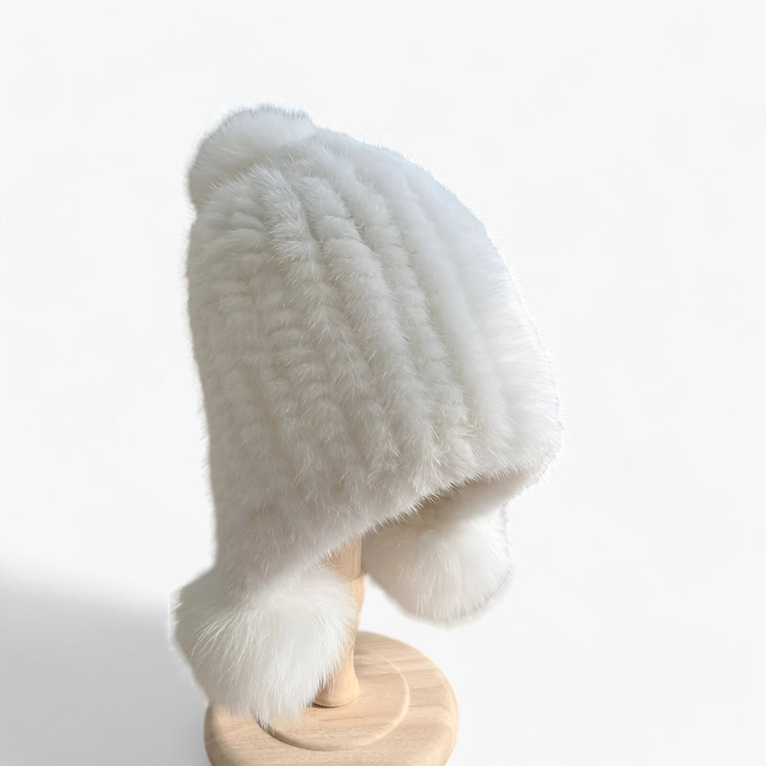 Luxury Fur Hat by Wezel with Fox Fur Pom Pom - Valeria-White-Elastic band-Nora Luxe