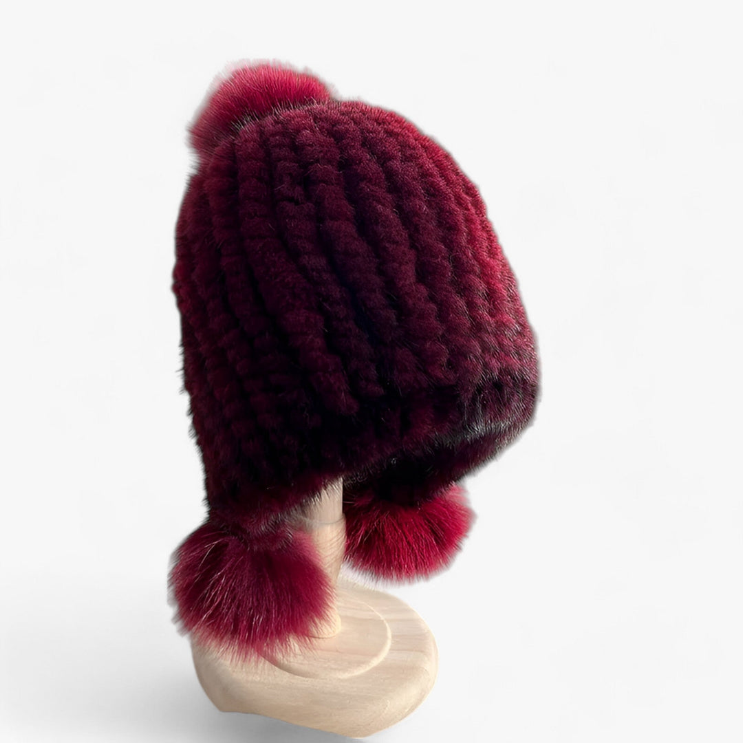 Luxury Fur Hat by Wezel with Fox Fur Pom Pom - Valeria-Wine Red-Elastic band-Nora Luxe