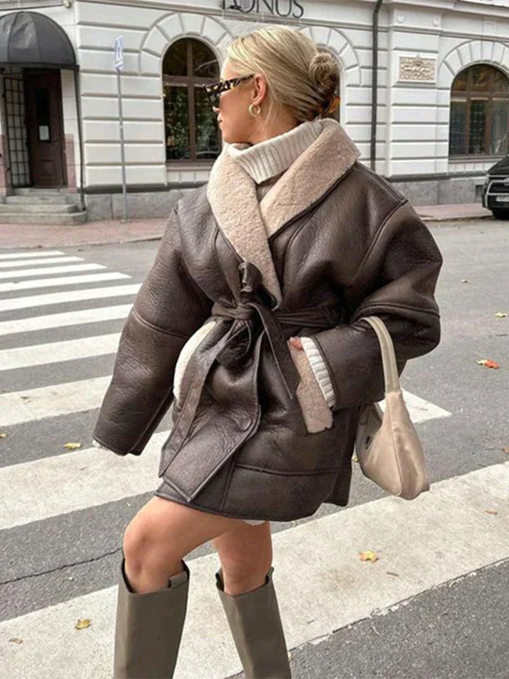 Luxury Winter Coat Made of Leather and Fur - Mirabelle-Brown-S-Nora Luxe