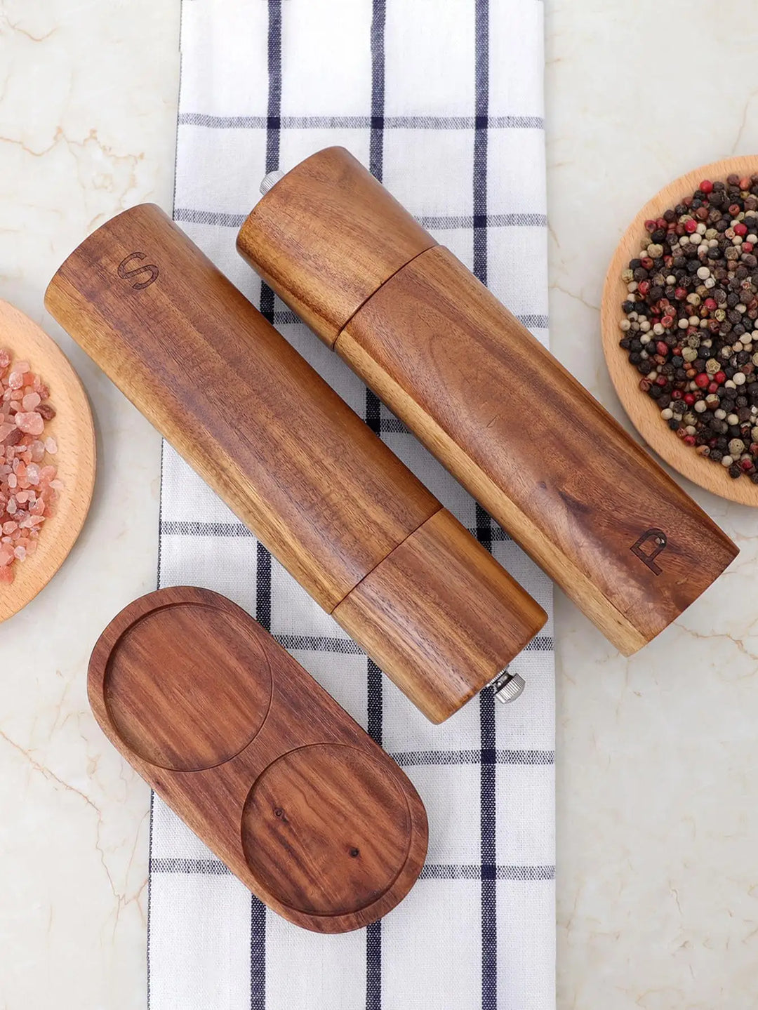 Luxury Wooden Salt and Pepper Mill Set with Tray - WoodSpice-Nora Luxe