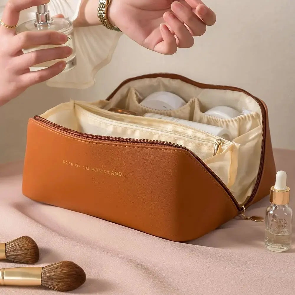 MAKEUP ORGANIZER WITH ZIPPER – LUXURY TOILETRY BAG FOR TRAVEL-Brown-Nora Luxe