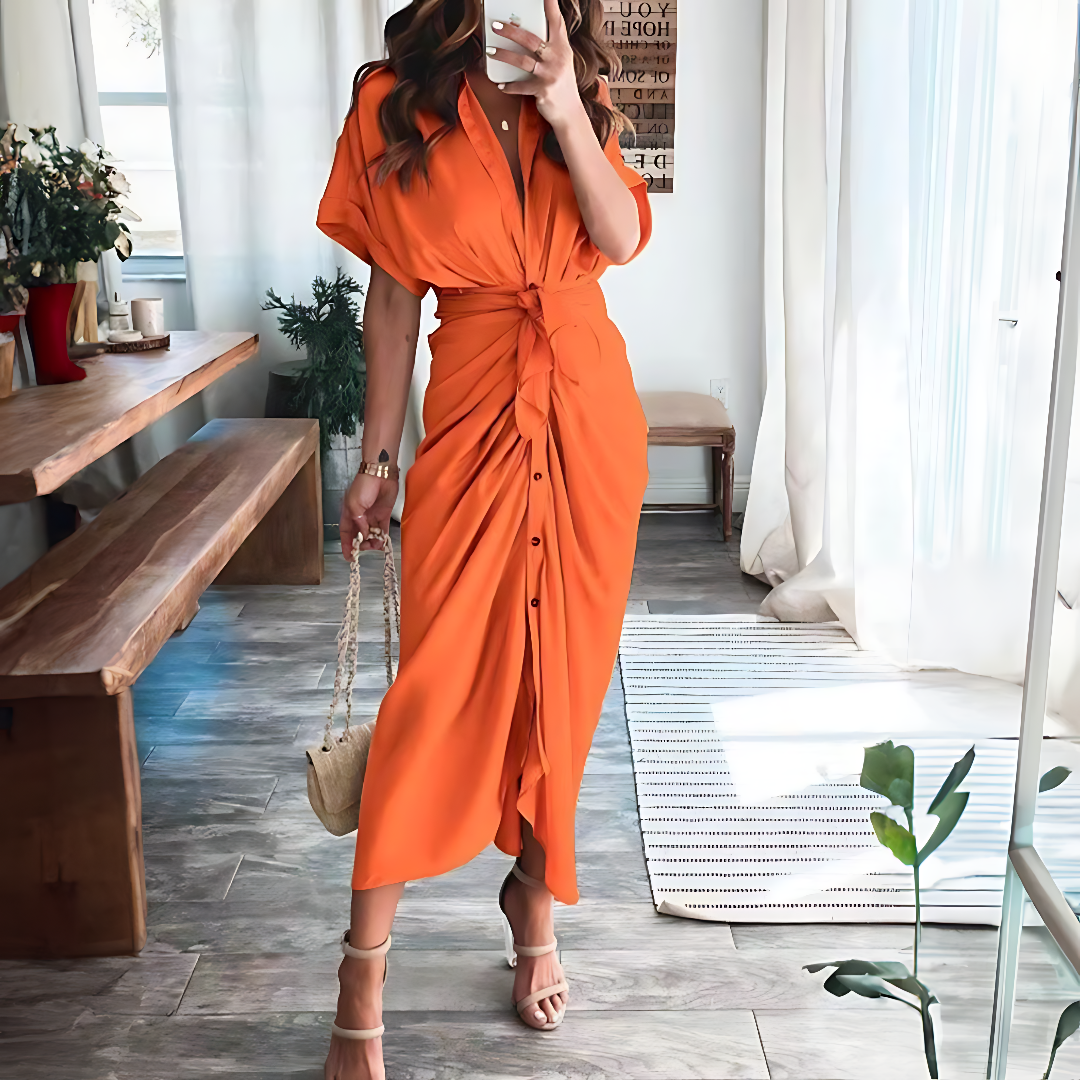 Maxi dress with ruffles and V-neck summer style women's fashion - Elina-Orange-S-Nora Luxe