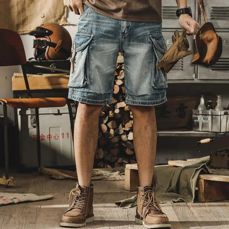 Men's Denim Cargo Shorts in Retro Motorcycle Style – Ronex-Denim Blue-S-Nora Luxe