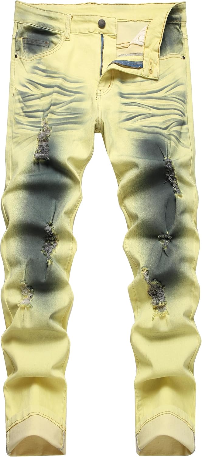 Men's Slim-Fit Ripped Jeans - Mick-Yellow-28-Nora Luxe