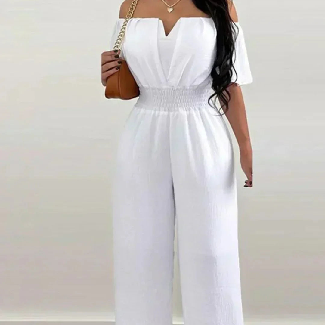 Off-Shoulder Jumpsuit with Short Sleeves – Lina-White-S-State of Style