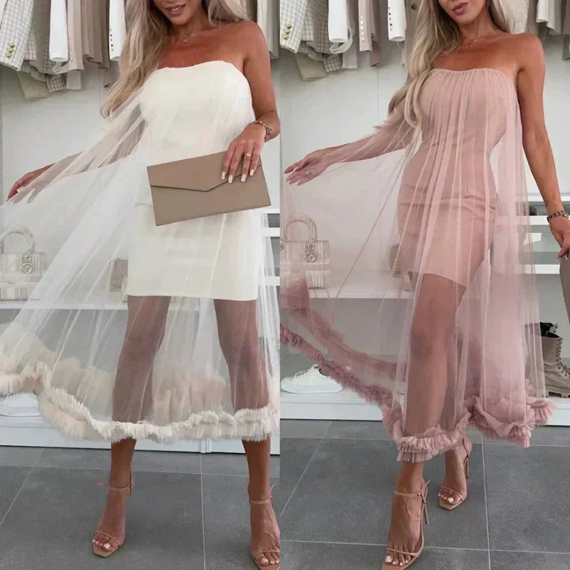 Off-the-shoulder tulle dress with ruffles - Nea-White-S-Nora Luxe