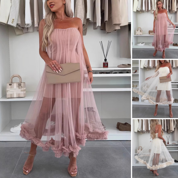 Off-the-shoulder tulle dress with ruffles - Nea-White-S-Nora Luxe