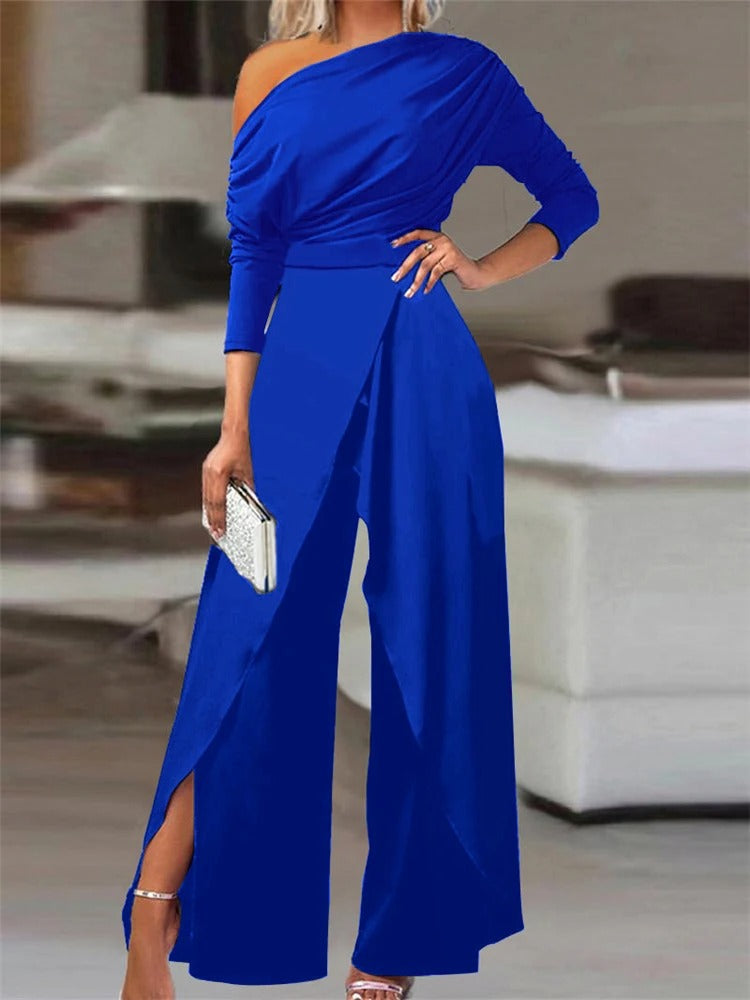 One-Shoulder Jumpsuit with Ruffles - Valerie-Blue-S-The Livary