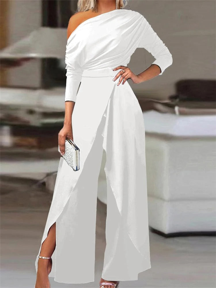 One-Shoulder Jumpsuit with Ruffles - Valerie-White-S-The Livary