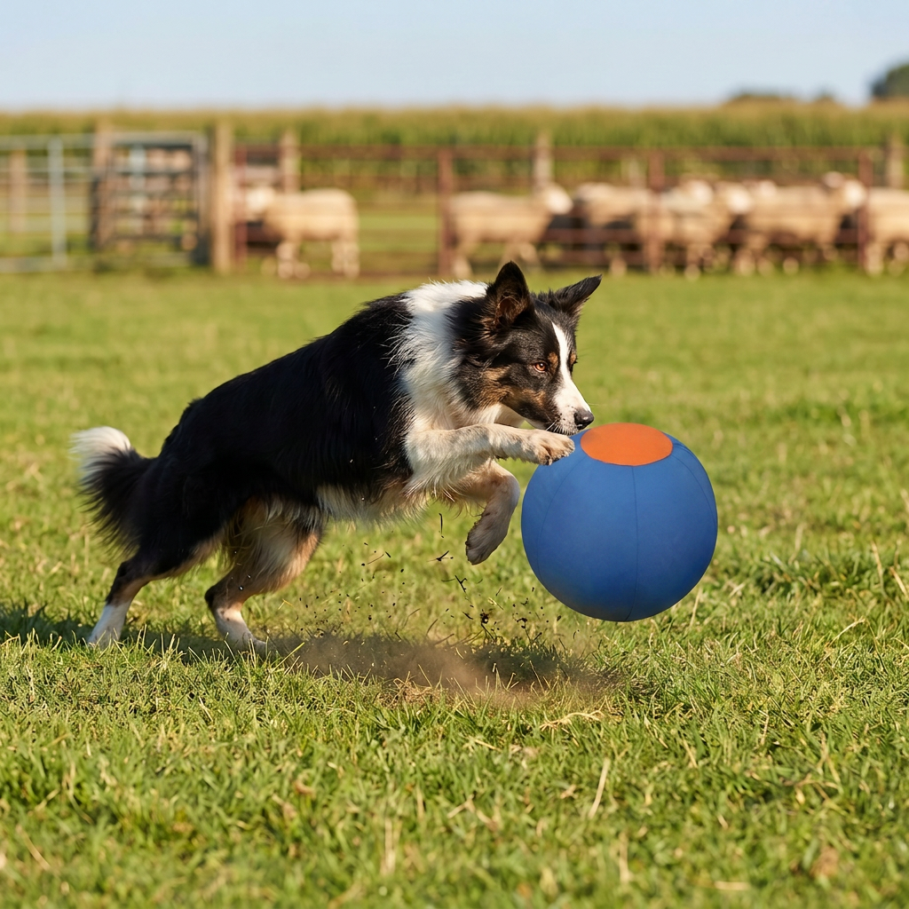 Black and white border collie leaps to push a blue ball with an orange top patch across grass 1