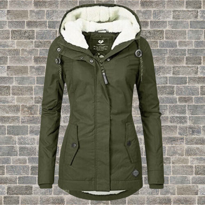 Pleated Cotton Winter Jacket with Hood - Mila-Olive green-S-Nora Luxe