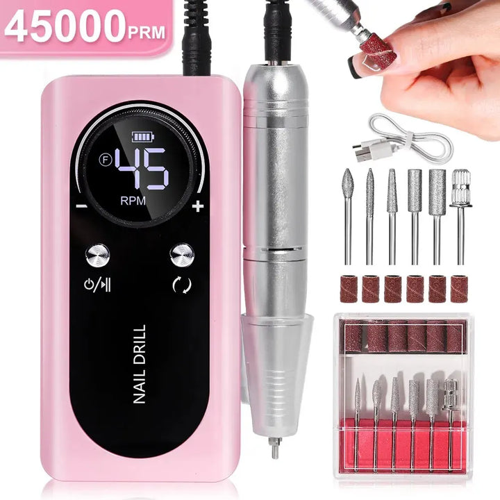 PROFESSIONAL 45000RPM PORTABLE ELECTRIC NAIL FILE WITH RECHARGEABLE BATTERY | LOW NOISE LEVEL FOR MANICURE-Pink-Nora Luxe