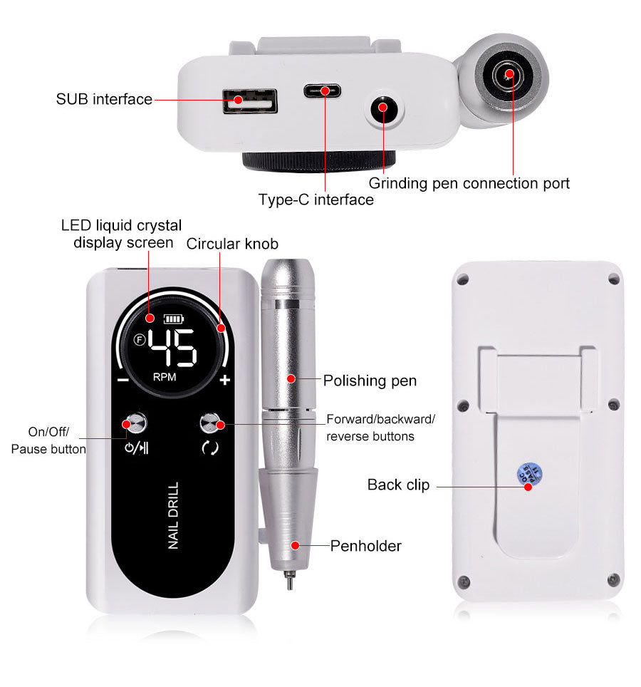 PROFESSIONAL 45000RPM PORTABLE ELECTRIC NAIL FILE WITH RECHARGEABLE BATTERY | LOW NOISE LEVEL FOR MANICURE-White-Nora Luxe