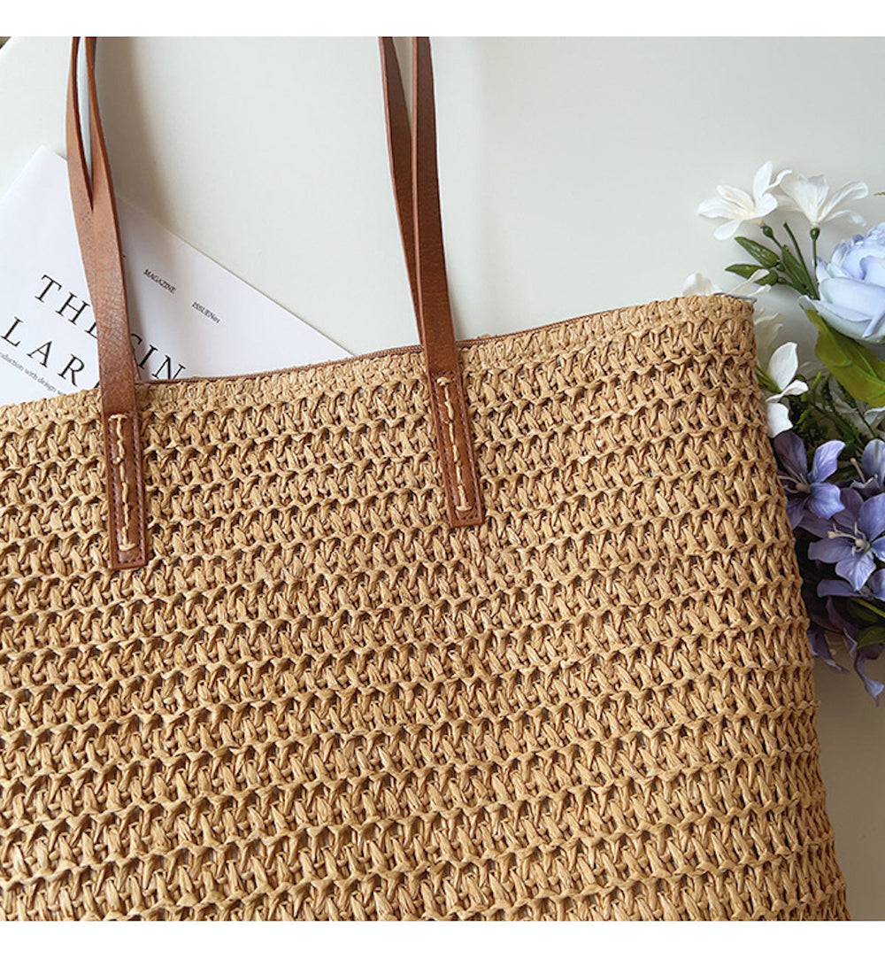 Rattan Woven Bag with Leather Straps - SummerBreeze Tote-Brown-Nora Luxe
