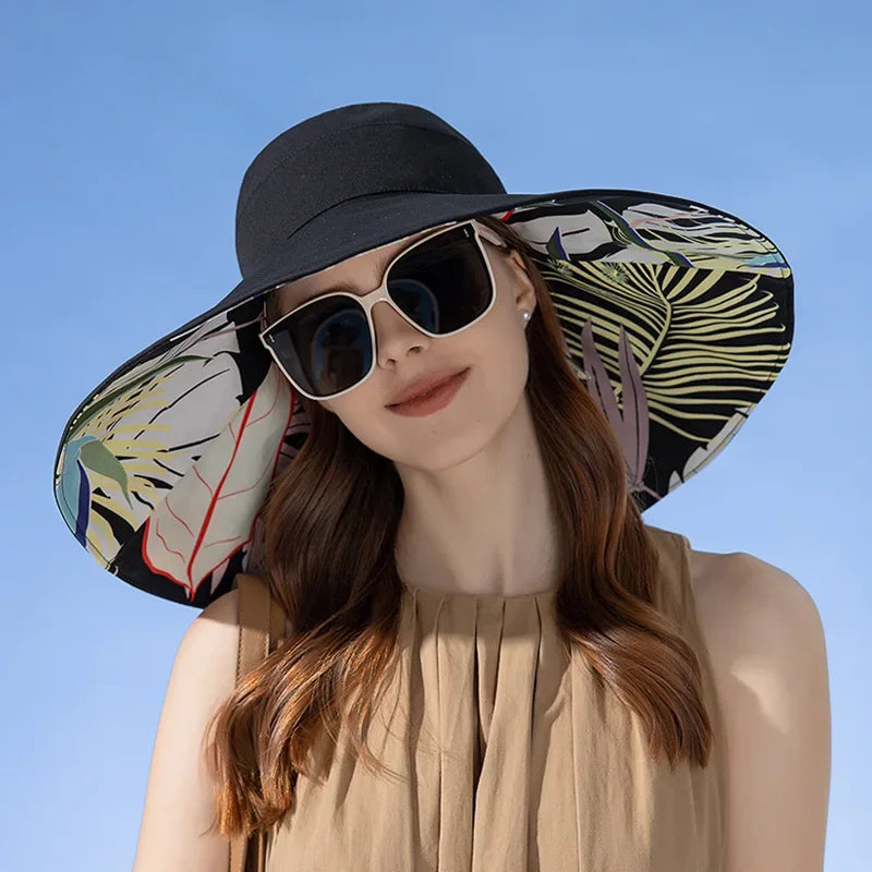 Reversible sun hat made of cotton with a wide brim (22-23 In) – Liora-Black (double-sided)-Nora Luxe