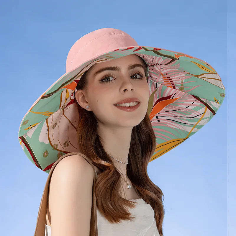 Reversible sun hat made of cotton with a wide brim (22-23 In) – Liora-Pink (double-sided)-Nora Luxe