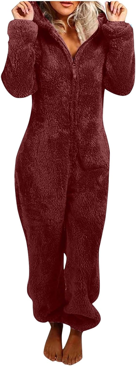 Sherpa Fuzzy Onesie with Hood - CozyCat-Wine Red-S-Nora Luxe