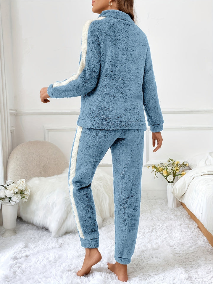Soft Plush Lounge Pyjama Set with Colour Accents - Lyra-Brown-S-Nora Luxe