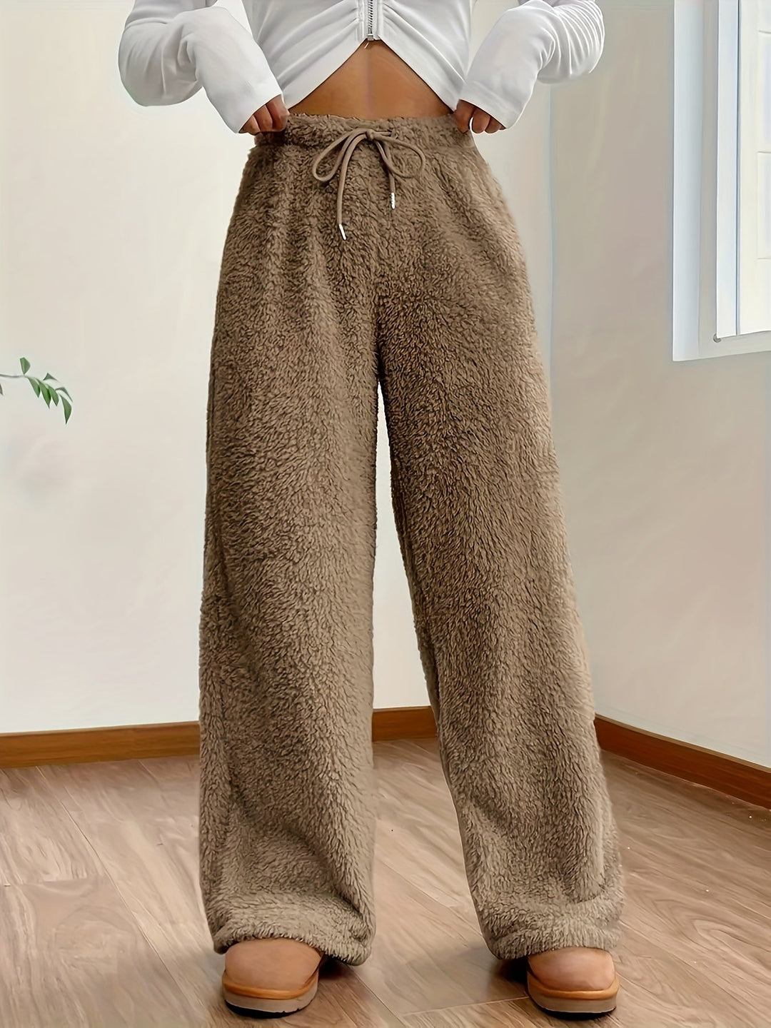 Soft Teddy Sherpa Lounge Pants for Ladies – Noémie-Brown-S-The Livary