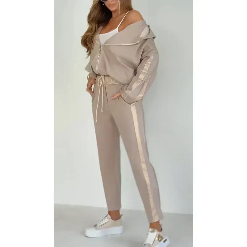 Striped leisure two-piece with hood & waistband – Cosima-Brown-S-Nora Luxe