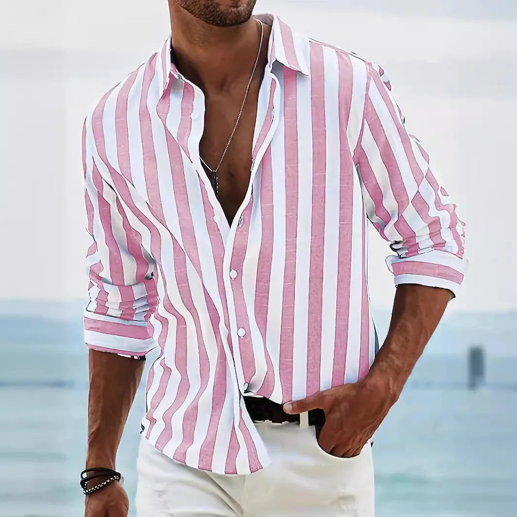 Striped summer shirt made of cotton and linen for men - Moritz-Red-S-Nora Luxe