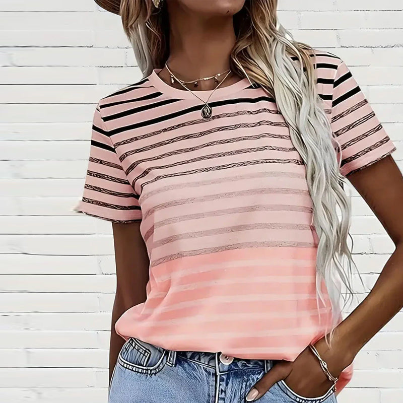 Striped women's T-shirt with round neckline & gradient – Melia-Light pink-S-Nora Luxe