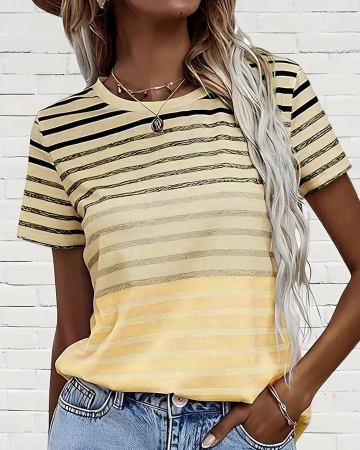 Striped women's T-shirt with round neckline & gradient – Melia-Yellow-S-Nora Luxe