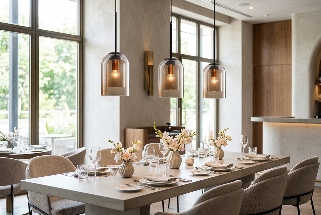 Three amber double glass pendant lamps hang above a long dining table set with flowers 1