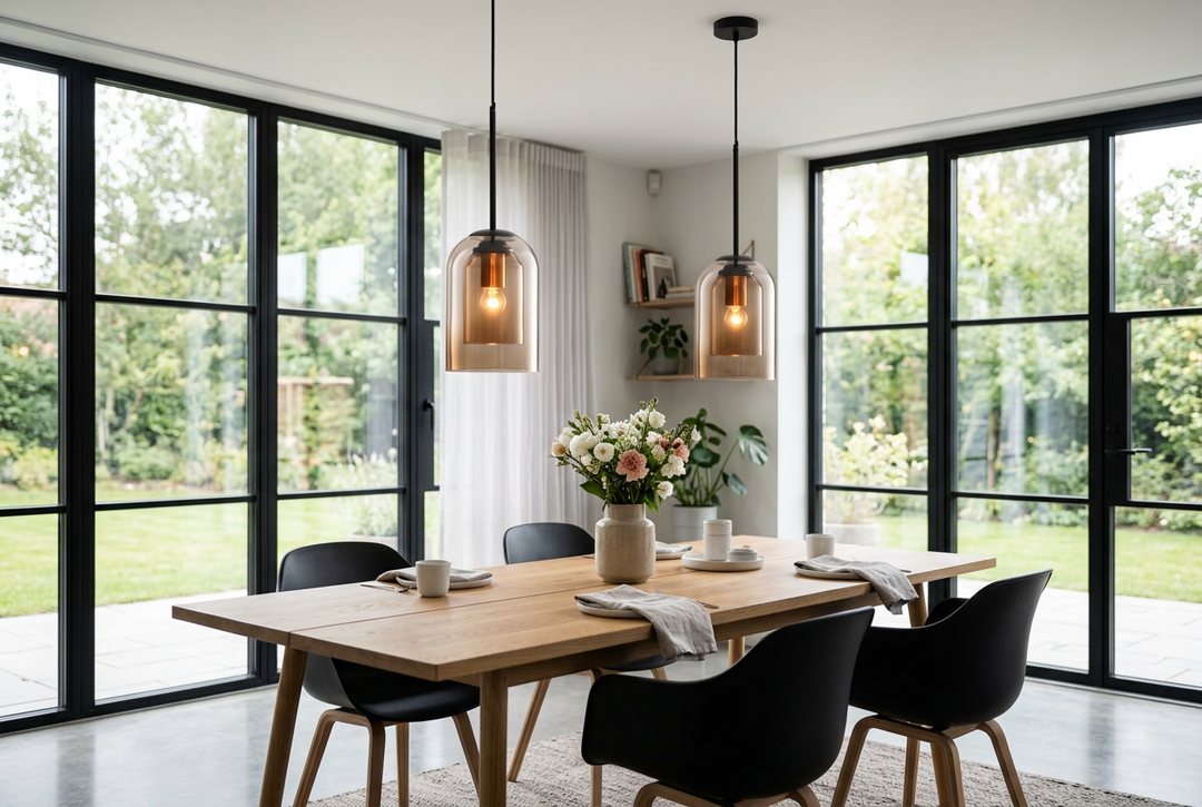 Two amber glass pendants hang above a wooden dining table with black chairs and tall garden windows 1