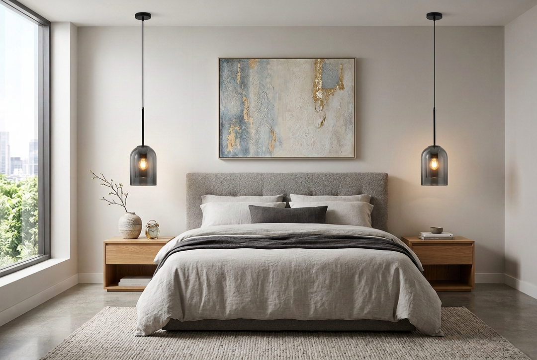Two smoked glass pendant lights hang on either side of a gray upholstered bed in a bedroom 1