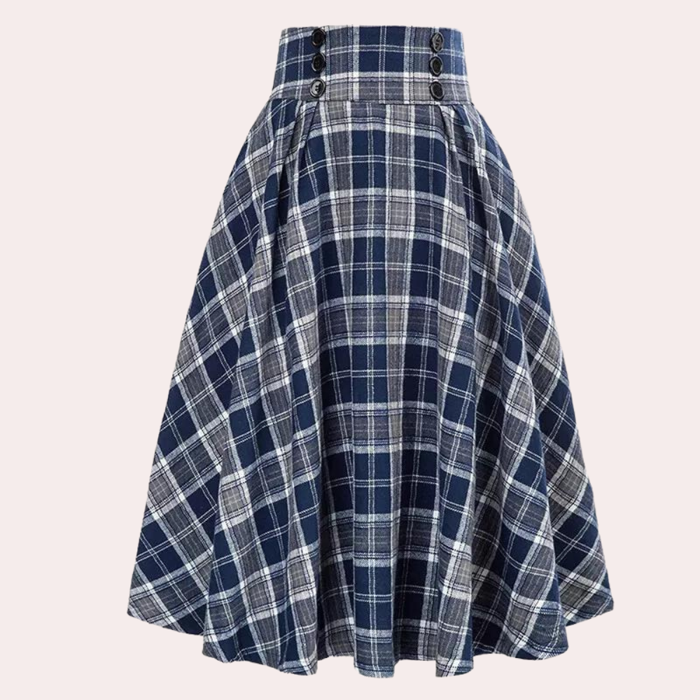 Stylish High-Waist A-Line Skirt with Check Pattern - Maëlle-Blue-XS-Nora Luxe