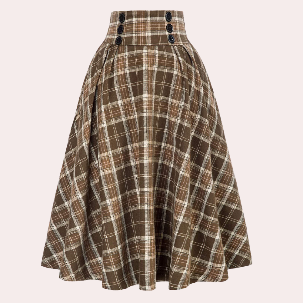 Stylish High-Waist A-Line Skirt with Check Pattern - Maëlle-Brown-XS-Nora Luxe
