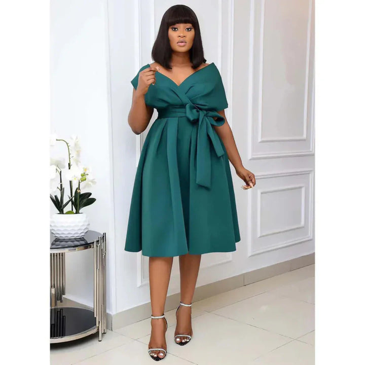 Stylish women's A-line mini dress with short sleeves – Naila-Green-S-Nora Luxe