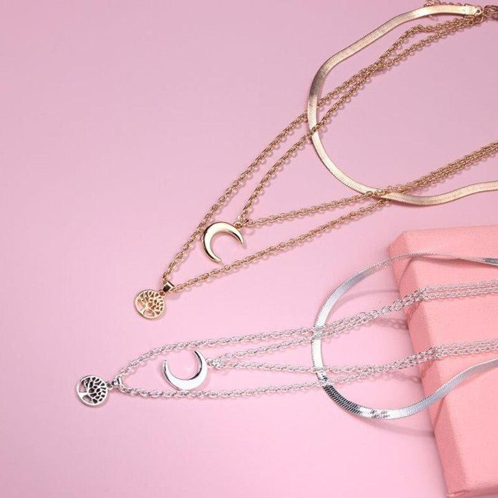 Tree of Life & Half Moon Multilayer Necklace - Selestina-Gold-Nora Luxe